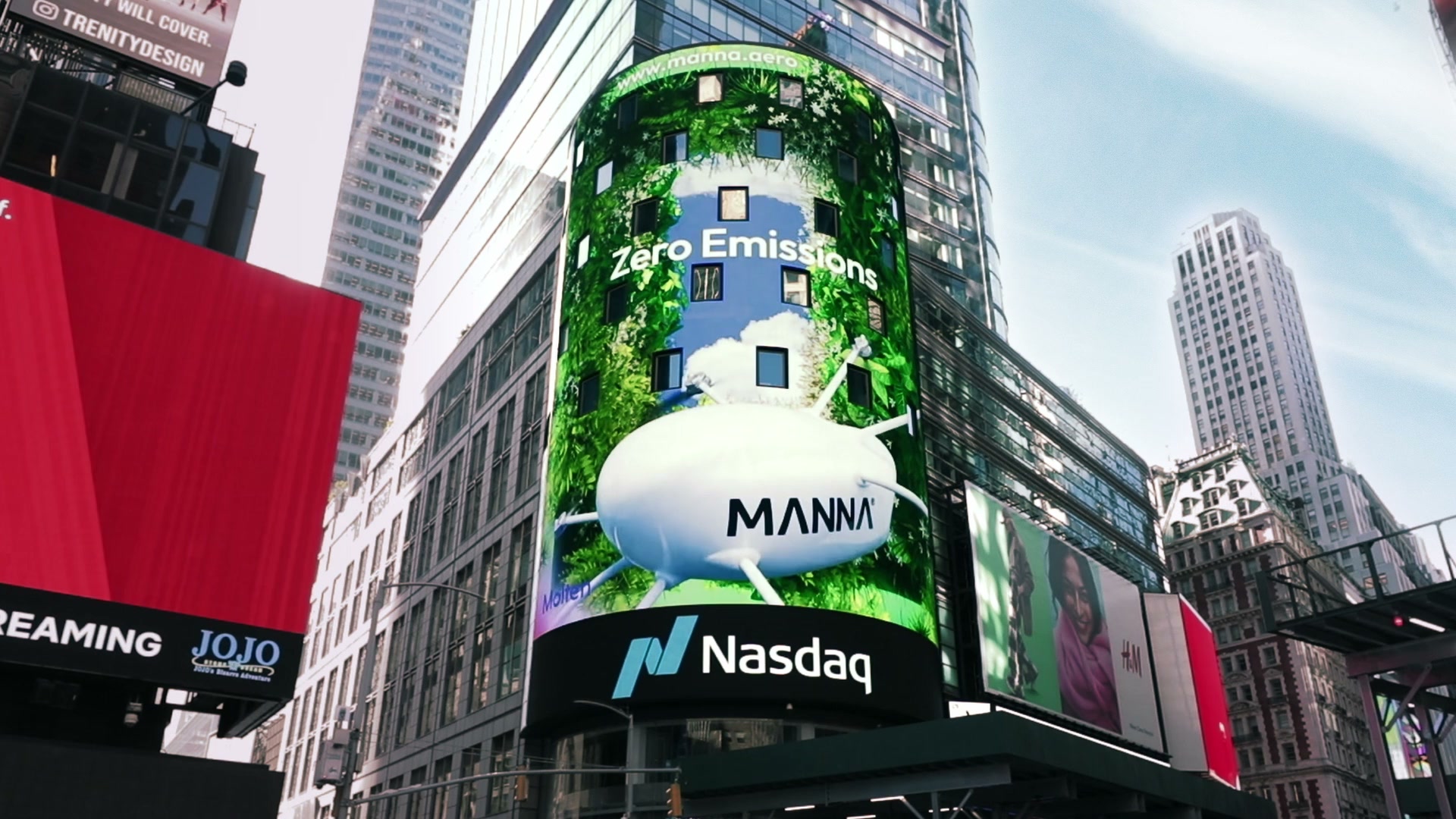 Manna’s zero-emissions drone delivery film displayed on the Nasdaq tower